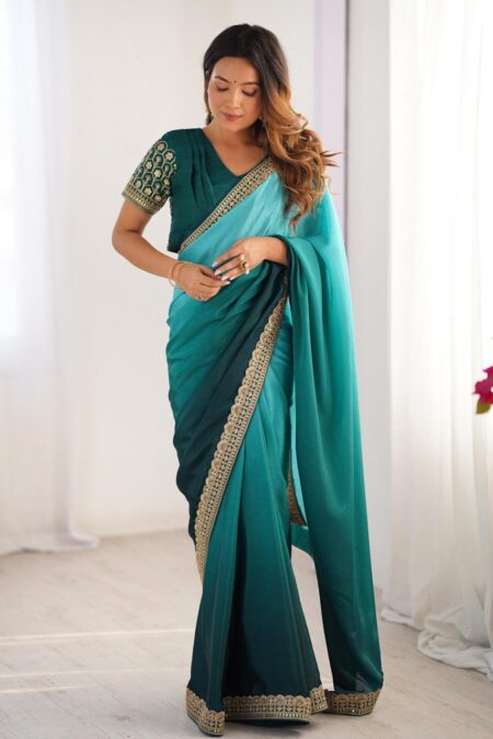 Women's Elegant Ombre Green Georgette Saree with Intricate Golden Zari & Stone Embellishments – Complete with Heavily Worked Blouse for Festive & Wedding Wear